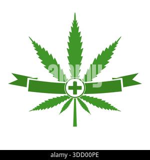 Hanfblatt mit grünem Kreuz und Banner, Symbol für medizinisches Marihuana. Stock Vektor