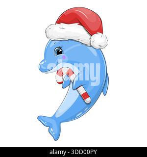 Süßer Zeichentrickdolphin mit weihnachtlichem Zuckerrohr. Neujahrsvektor-Illustration von tierischen und süßen Lebensmitteln auf weißem Hintergrund. Stock Vektor