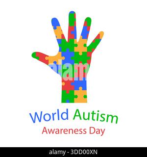 Illustration des Weltautistentages. Hand mit Puzzles auf weißem Hintergrund Stock Vektor