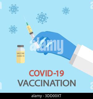 Illustration des Coronavirus-Impfstoffes. Flache Symbole für Spritze und Impfstoffflasche. Spritze in der Hand und Flasche auf blauem Hintergrund. Stock Vektor