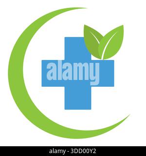 Grünes Apothekenlogo. Medizinisches Kreuz mit grünen Blättern auf weißem Hintergrund Stock Vektor