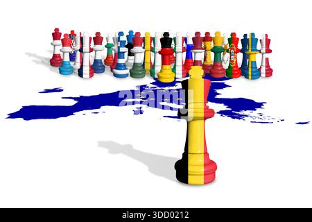 Schach aus EU-Mitgliedstaaten und belgischen Flaggen. Die Europäische Union ist eine politische und wirtschaftliche union mit 27 europäischen Ländern Stockfoto