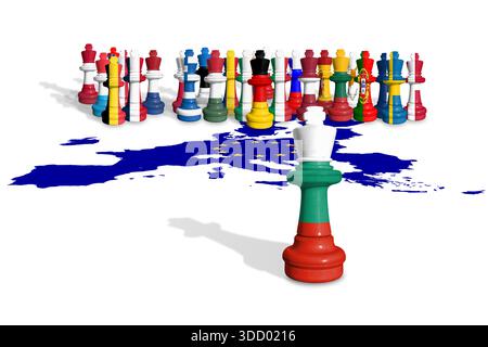 Schach aus EU-Mitgliedstaaten und bulgarischer Flagge. Die Europäische Union ist eine politische und wirtschaftliche union mit 27 europäischen Ländern Stockfoto