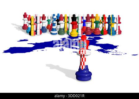 Schach aus EU-Mitgliedstaaten und kroatischen Flaggen. Die Europäische Union ist eine politische und wirtschaftliche union mit 27 europäischen Ländern Stockfoto