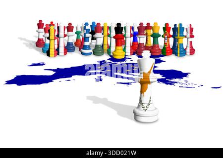 Schach aus EU-Mitgliedstaaten und zyprischer Flagge. Die Europäische Union ist eine politische und wirtschaftliche union mit 27 europäischen Ländern Stockfoto