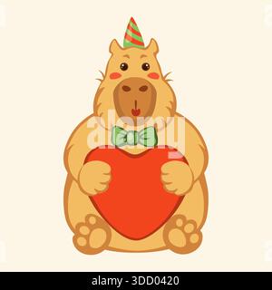 Flache Vektorillustration in einem einfachen Kinderstil. Eine süße Capybara fliegt auf Herzballons. Valentinstag Stock Vektor