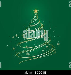 Eleganter Weihnachtsbaum aus wirbelnden goldenen Linien und Schneeflocken auf grünem Hintergrund, Vektorillustration Stock Vektor