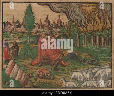 Historische religiöse Illustration, die Moses und den brennenden Busch zeigt, wie der biblische Prophet Gottes Ruf vor dem flammenden Busch empfing, deutscher Holzschnitt aus dem frühen 16. Jahrhundert, um 1500. Stockfoto