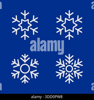 Vier weiße Schneeflocken-Symbole auf blauem Hintergrund. Elegante Winter-Vektor-Illustrationen für festliche Weihnachten digitale Kunstwerke Stock Vektor