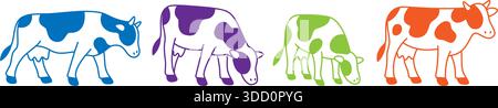 Eine Reihe von Kühen in verschiedenen Posen und Farben. Moderne Tierfiguren im Cartoon-Stil Stock Vektor
