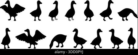 Schwarze Gänsesilhouetten in verschiedenen Cartoon-Posen. Einfache Gänsesymbole auf weißem Hintergrund Stock Vektor