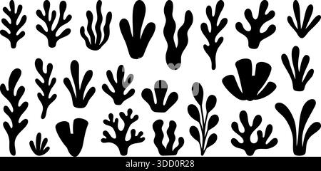 Silhouette Set aus Korallen und Pflanzen in schwarzem Stil. Formen mit Meeresmotiv für kreative Projekte Stock Vektor