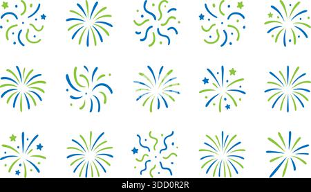 Blaue und grüne Sammlung von Feuerwerk-Symbolen auf weißem Hintergrund. Festliche Vektor-Elemente für Feiertage, Partys und Grußkarten-Designs Stock Vektor