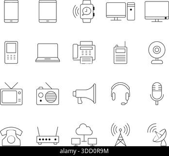 Symbole für Kommunikations- und Technologielinien mit bearbeitbarem Konus festgelegt Stock Vektor