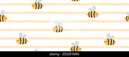Nautischer Hintergrund für Kinder mit Streifenmuster. Abstrakte gelbe Wellen und süße Honigbiene für Kinder. Vektorabbildung Stock Vektor