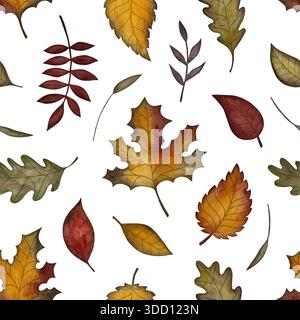 Dieses nahtlose Aquarellmuster zeigt Herbstblätter in verschiedenen Formen, die künstlerisch in gedämpften Tönen auf weißem Hintergrund angeordnet sind. Stockfoto