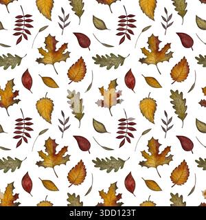 Dieses nahtlose Aquarellmuster zeigt Herbstblätter in verschiedenen Formen, die künstlerisch in gedämpften Tönen auf weißem Hintergrund angeordnet sind. Stockfoto