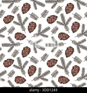 Nahtloses Aquarellmuster von Tannenzapfen und immergrünen Ästen auf weißem Hintergrund Stockfoto