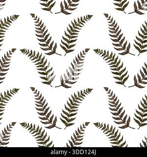 Dieses minimalistische, nahtlose Aquarellmuster zeigt grün-braune Farnblätter in verschiedenen Formen vor einem sauberen weißen Hintergrund. Stockfoto