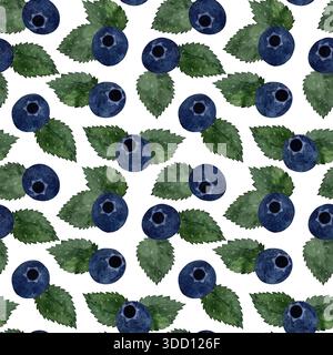 Dieses nahtlose Aquarellmuster zeigt leuchtende blaue Blaubeeren gepaart mit frischen grünen Minzblättern auf weißem Hintergrund. Stockfoto
