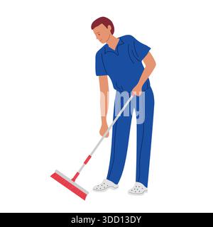 Person in blauer Uniform mit Besen, um den Boden zu kehren, typisch für Reinigungs- oder Hausmeister. Junger Mann mit Mopp. Berufsreiniger Stock Vektor