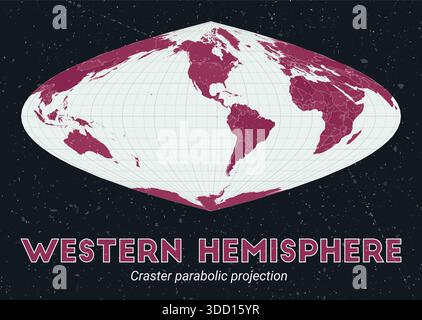 Westliche Hemisphäre. Weltkarte. Craster-Parabolprojektion, zentriert auf der westlichen Hemisphäre. Helle mintfarbene und dunkelrosa Farbpalette. Vintage-Textur. Stock Vektor