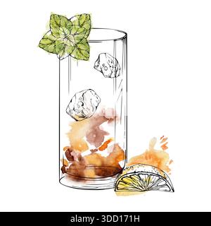Mehrschichtiger Long Island Eistee, Punsch, mai Tai Drink mit Zitrusscheibe, Minzblätter garniert am Rand, Eiswürfel. Isolierte Illustration mit Tinte und Aquarell Stockfoto