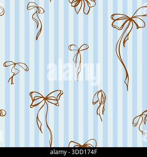 Kleine elegante Schleifen mit langen anmutigen Schwänzen auf dünnem Streifenhintergrund. Nahtloses Muster isolierte Illustration, handgezeichnet in Tinte. Für Notebooks Stock Vektor