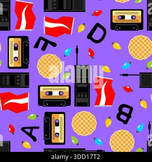 80er Jahre Retro-Muster mit Waffeln, Kassettenkassetten und Walkie-Talkies auf Blau. Nahtloses Vintage-Design mit nostalgischen Elementen und roten Fahnen. Perfekt für Männer Stock Vektor