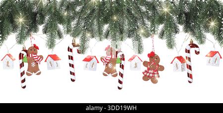 Wunderschönes Weihnachtsdekor und Tannenzweige auf weißem Hintergrund. Bannerdesign Stockfoto