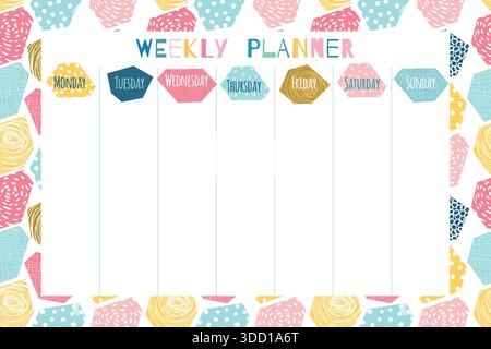 Niedliche und farbenfrohe Wochenplanervorlage mit geometrischem abstraktem Hintergrund für Schreibwaren, Organisator für Tagespläne und Zeitpläne Stock Vektor