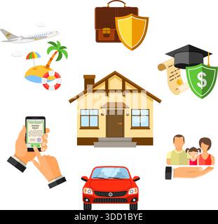 Konzepte online Insurance Services. Mann mit smart Telefon in der Hand und Kauf Versicherung. Flat Style icons Auto, Haus, Medizin, Bildung und V Stock Vektor