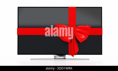 LED-Fernseher mit rotem Band isoliert auf weißem Hintergrund. 3D-Abbildung. Stockfoto