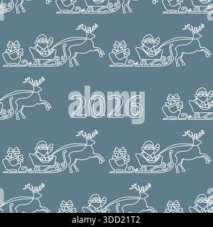 Nahtloses Weihnachtsmuster zeigt Santa Reitschlitten von Rentieren gezogen, Text 2026 Vektor Stock Vektor