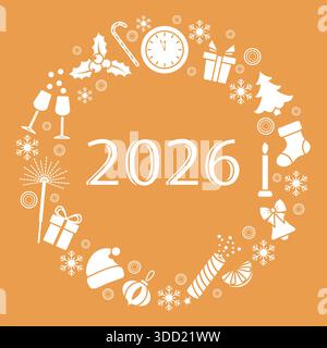 Silvester 2026 Feier Illustration mit festlichen Symbolen und Zahlen auf einem orangen Hintergrund Vektor Stock Vektor