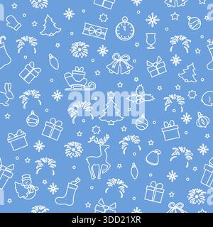 Nahtloses Weihnachtsmuster mit Bäumen, Geschenken und Dekorationen auf einem blauen Hintergrundvektor Stock Vektor