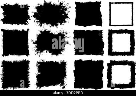 Grunge schwarze quadratische Rahmen mit rauen, künstlerischen Pinselstrichkanten auf weißem Hintergrund, die kreative Designelemente symbolisieren Stock Vektor