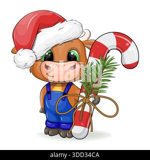 Niedlicher Cartoon-Stier mit Weihnachtsmütze und Zuckerrohr. Neujahrsvektor-Illustration von tierischen und süßen Lebensmitteln auf weißem Hintergrund. Stock Vektor