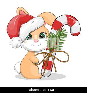Niedlicher Karikaturhase mit Snata-Hut und weihnachtlichem Zuckerrohr. Neujahrsvektor-Illustration von tierischen und süßen Lebensmitteln auf weißem Hintergrund. Stock Vektor