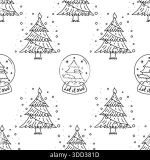 Doodle-Muster von Weihnachtsglas Schneekugeln mit Weihnachtsbaum in Schwarz-weiß-Stil Stock Vektor