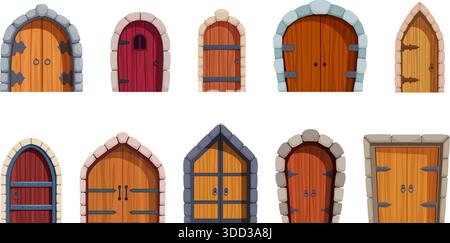 Cartoon-Schlosstüren. Mittelalterliche Holztür mit Eisenelementen und Steinbögen. Märchenhafte Gebäudeeingänge, alte Architekturdetails, sapid Stock Vektor