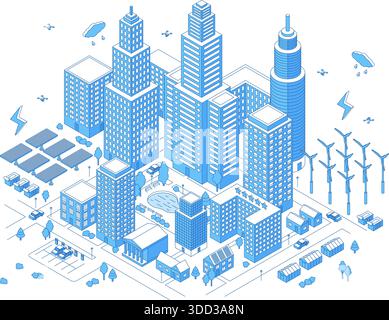 Isometrische intelligente Energiestadt. Modernes Stadtviertel mit Wolkenkratzern, Apartment und öffentlichen Gebäuden. Alternative saubere Energie für Life Town, raffiniert Stock Vektor