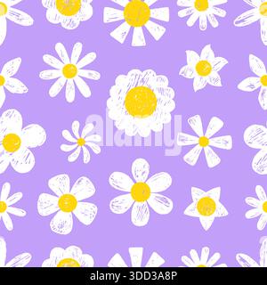 Weißes nahtloses Gänseblümchenmuster. Kamillen im Kreidestil, Blumen im Frühling und Sommer. Kunstdruck für Stofftapete Hintergrund, neoterischen Vektor Stock Vektor