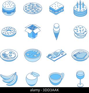 Isometrische Symbole für Lebensmittelkonturen. Sandwich, Pizza, Burger und asiatische Nudeln zum Mitnehmen. Eis und Fisch, Suppe und Frühstück, Spiegelei, Fleischsteak Stock Vektor