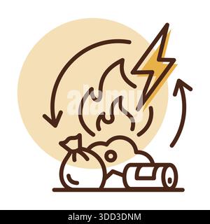 Minimalistisches Symbol für Abfallverbrennung mit Feuer und Blitzschlag, geeignet für Designkonzepte für erneuerbare Energien Stock Vektor