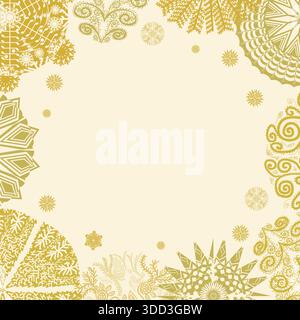 Quadratischer Rahmen aus goldenen Schneeflocken auf hellem Hintergrund Stock Vektor