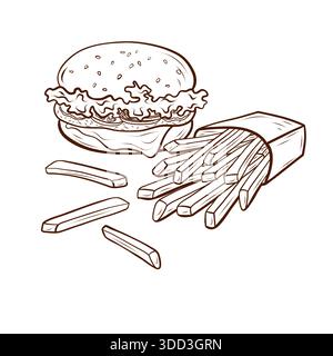 Burger und Pommes frites. Vektorabbildung in Kontur- und Gravurstilen. Fastfood-Set. Geeignet für Menüs, Verpackungen, Poster und Werbung Stock Vektor
