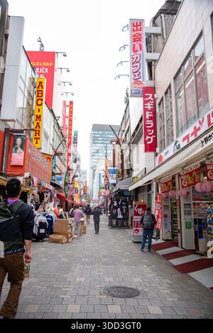Geschäftige Einkaufsstraße Tokio im Ueno-Viertel. Menschenmassen laufen entlang einer farbenfrohen Einkaufsstraße in Tokio, gesäumt von hellen Schildern, Geschäften und urbanen Aktivitäten. Stockfoto
