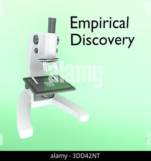 3D-Illustration eines Mikroskops mit empirischem Discovery-Titel, isoliert über grünem Gradient. Stockfoto
