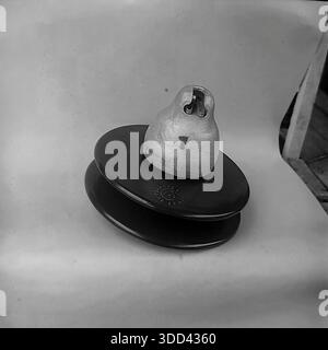 Slawjansk, Ukraine, UdSSR. Ein detailliertes Studio-Foto aus den 1980er Jahren eines Hochspannungsisolators, der im Werk Slaviansk AIZ produziert wurde. In der Ansicht von oben nach unten wird die verzinkte Steckdosenkappe mit einem speziellen W-förmigen Verriegelungsclip (Splint) zur Befestigung der Schnur hervorgehoben. Auf der dunklen glänzenden Oberfläche der Isolierscheibe ist ein kreisförmiger Werkstempel zu sehen. Dieses technische Bild dokumentiert die technische Qualität der elektrischen Netzkomponenten, die im friedlichen Donbass hergestellt werden. Stockfoto